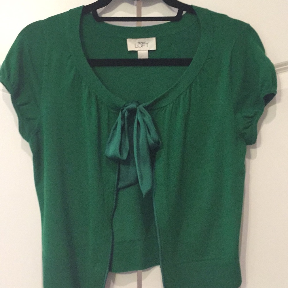 Loft satin tie front green sweater shrug size XS.